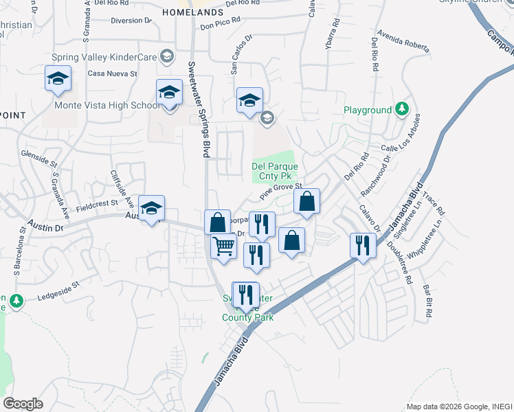 map of restaurants, bars, coffee shops, grocery stores, and more near 10323 Pine Grove Street in Spring Valley