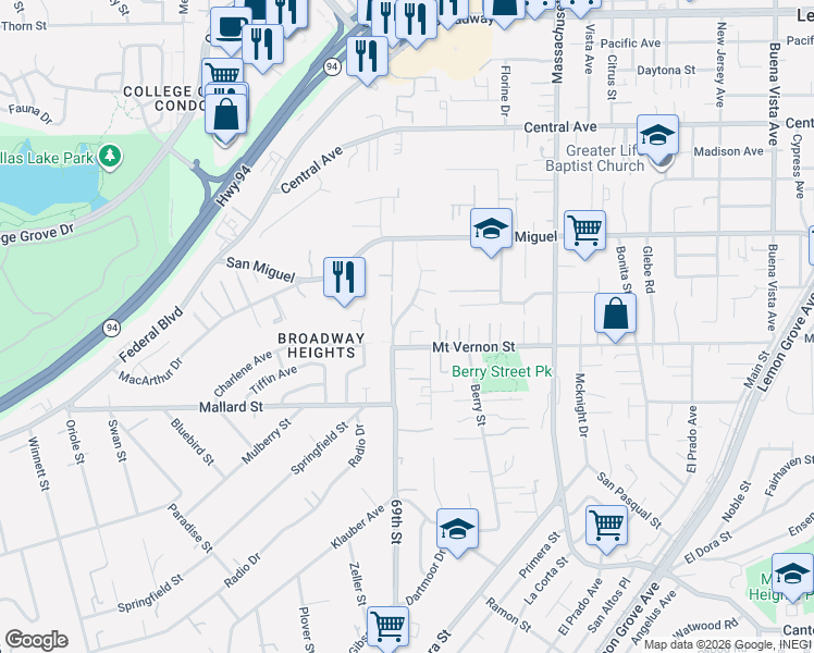 map of restaurants, bars, coffee shops, grocery stores, and more near 6932 Mount Vernon Street in Lemon Grove