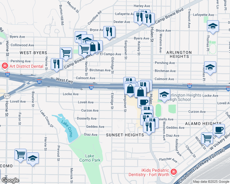 map of restaurants, bars, coffee shops, grocery stores, and more near 4832 Locke Avenue in Fort Worth