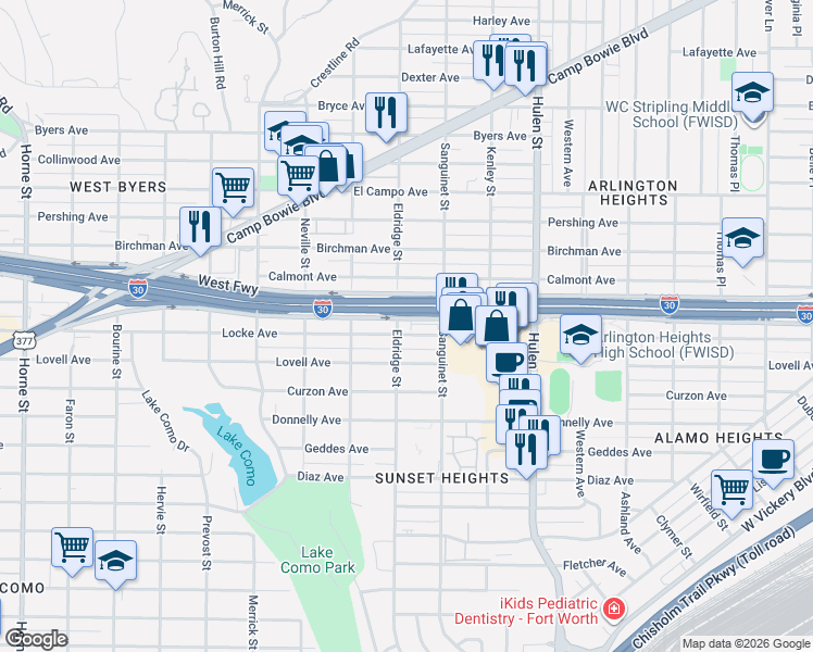 map of restaurants, bars, coffee shops, grocery stores, and more near 4900 West Freeway in Fort Worth