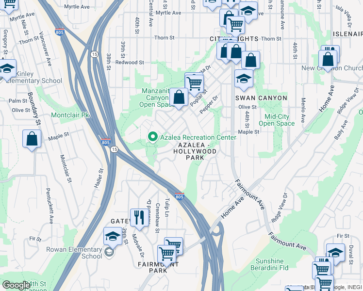 map of restaurants, bars, coffee shops, grocery stores, and more near 4196 Sycamore Drive in San Diego