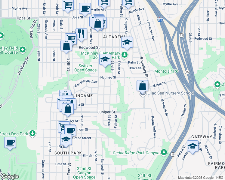 map of restaurants, bars, coffee shops, grocery stores, and more near 2611 33rd Street in San Diego