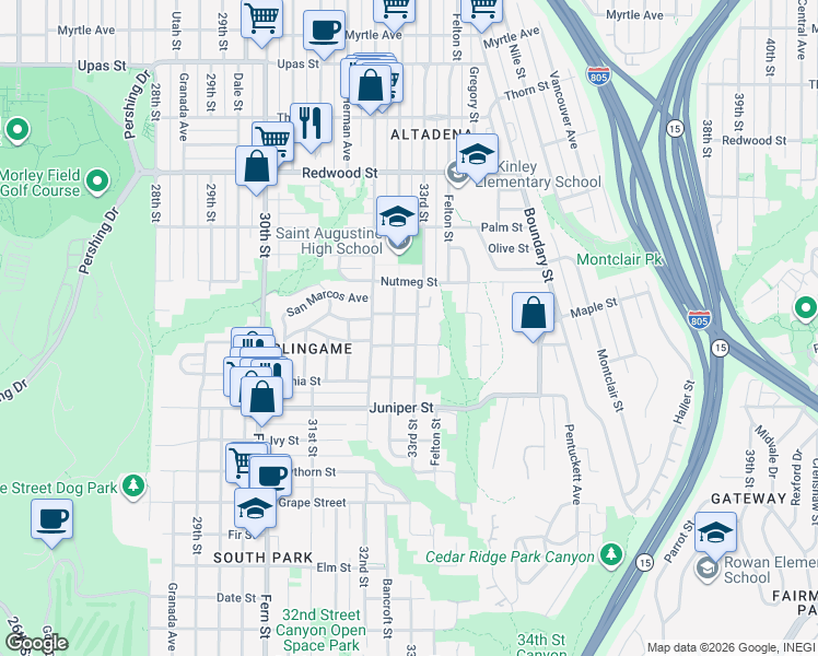 map of restaurants, bars, coffee shops, grocery stores, and more near 2611 33rd Street in San Diego