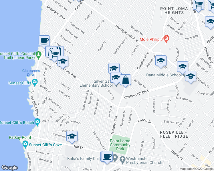 map of restaurants, bars, coffee shops, grocery stores, and more near 4341 Pescadero Avenue in San Diego