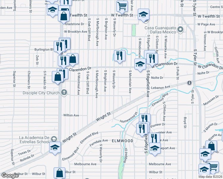 map of restaurants, bars, coffee shops, grocery stores, and more near 1223 South Waverly Drive in Dallas