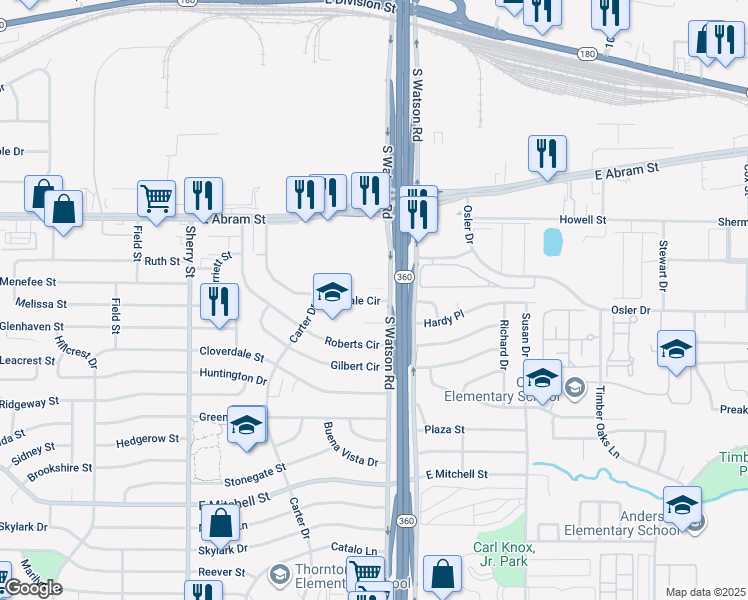 map of restaurants, bars, coffee shops, grocery stores, and more near 312 N State Highway 360 in Mansfield