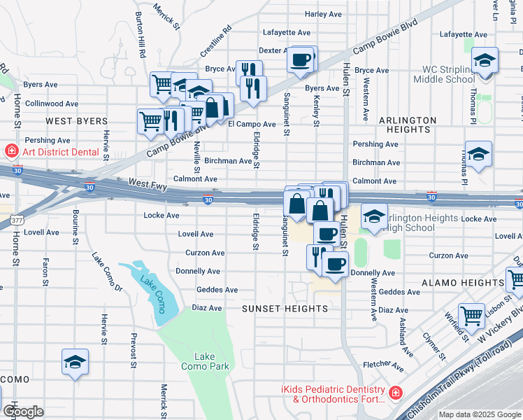 map of restaurants, bars, coffee shops, grocery stores, and more near 4900 West Freeway in Fort Worth