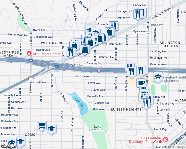 map of restaurants, bars, coffee shops, grocery stores, and more near 5033 Calmont Avenue in Fort Worth
