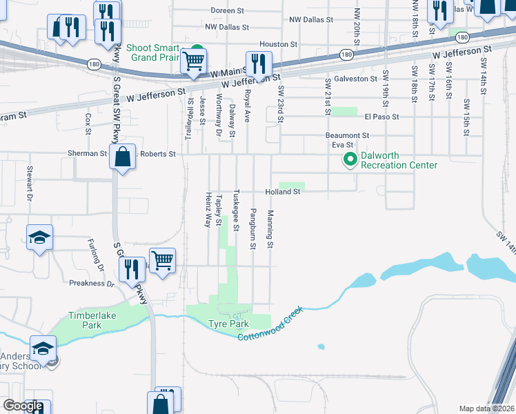 map of restaurants, bars, coffee shops, grocery stores, and more near 802 Manning Street in Grand Prairie