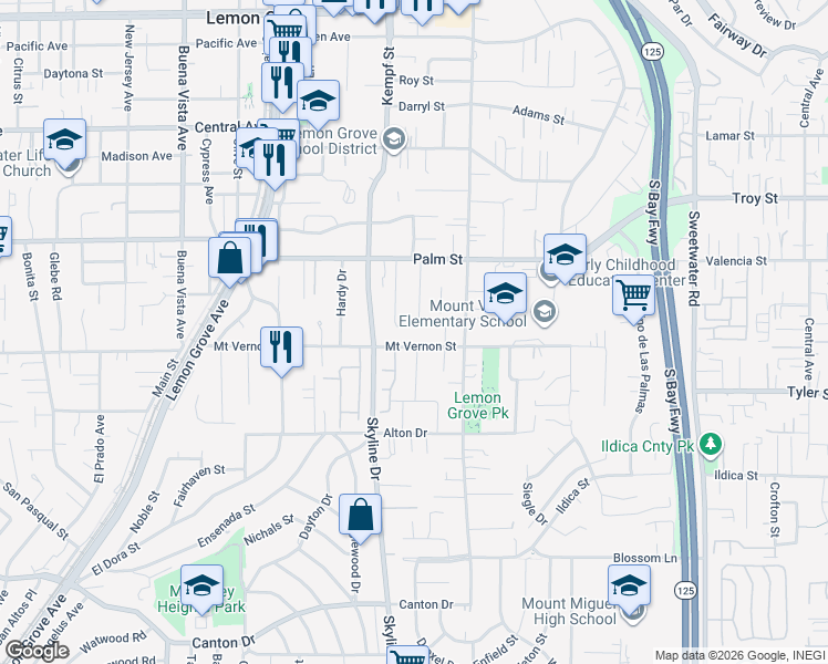 map of restaurants, bars, coffee shops, grocery stores, and more near 8055 Haven Drive in Lemon Grove