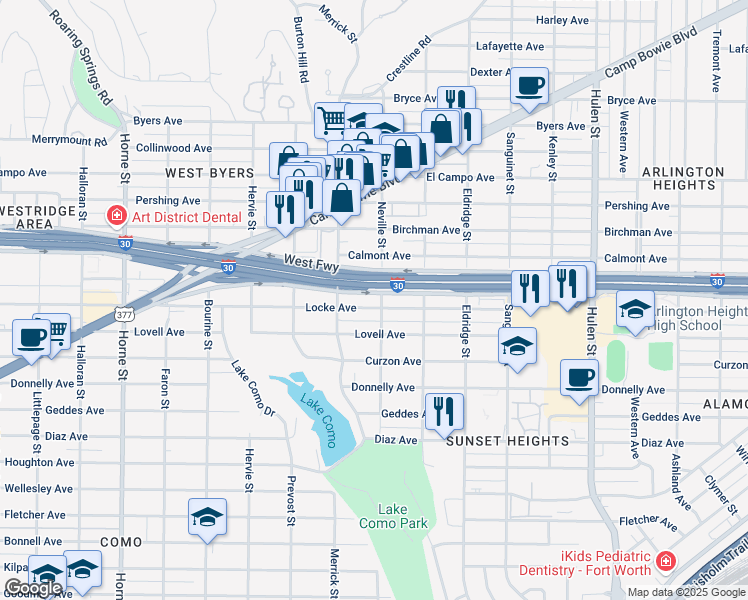 map of restaurants, bars, coffee shops, grocery stores, and more near 5033 Calmont Avenue in Fort Worth