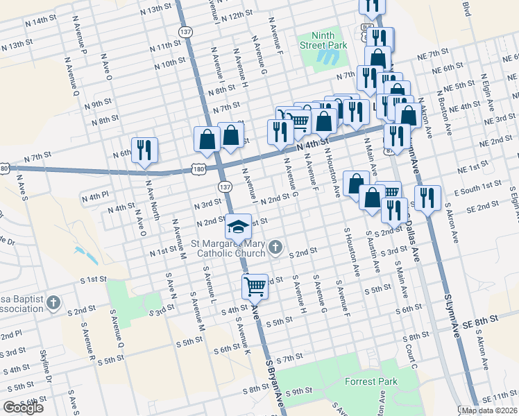 map of restaurants, bars, coffee shops, grocery stores, and more near 301-309 North Avenue I in Lamesa