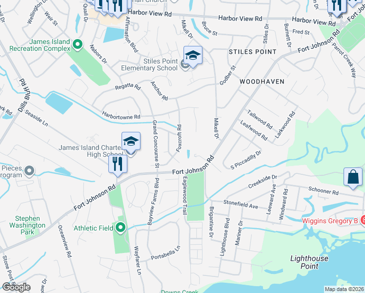 map of restaurants, bars, coffee shops, grocery stores, and more near 1010 Foxcroft Road in Charleston