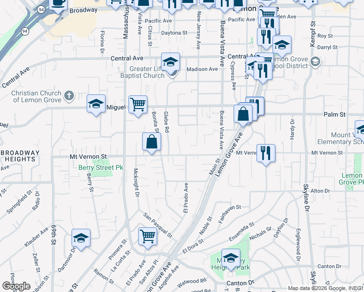 map of restaurants, bars, coffee shops, grocery stores, and more near 2423 Edding Drive in Lemon Grove