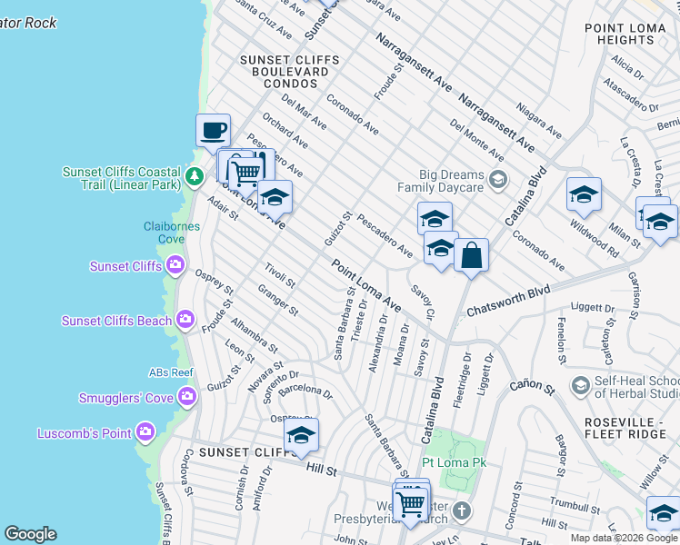 map of restaurants, bars, coffee shops, grocery stores, and more near 4466 Point Loma Avenue in San Diego