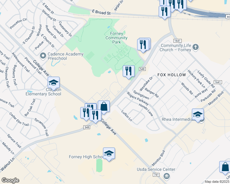 map of restaurants, bars, coffee shops, grocery stores, and more near 335 Farm to Market 548 in Forney