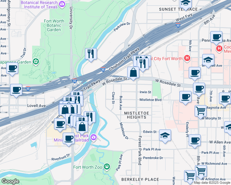 map of restaurants, bars, coffee shops, grocery stores, and more near 1125 Clara Street in Fort Worth