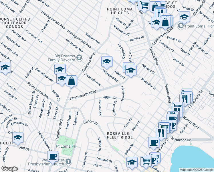 map of restaurants, bars, coffee shops, grocery stores, and more near 3736 Dixon Place in San Diego