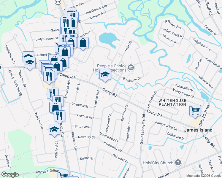 map of restaurants, bars, coffee shops, grocery stores, and more near 17 South Anderson Avenue in Charleston