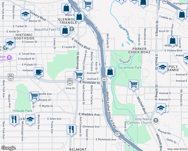 map of restaurants, bars, coffee shops, grocery stores, and more near 2001 Avenue D in Fort Worth