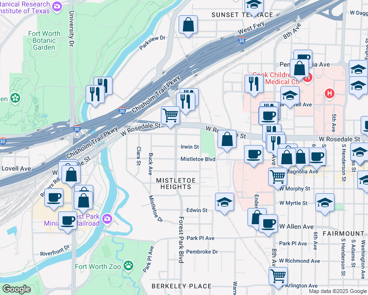 map of restaurants, bars, coffee shops, grocery stores, and more near 2229 West Rosedale Street in Fort Worth