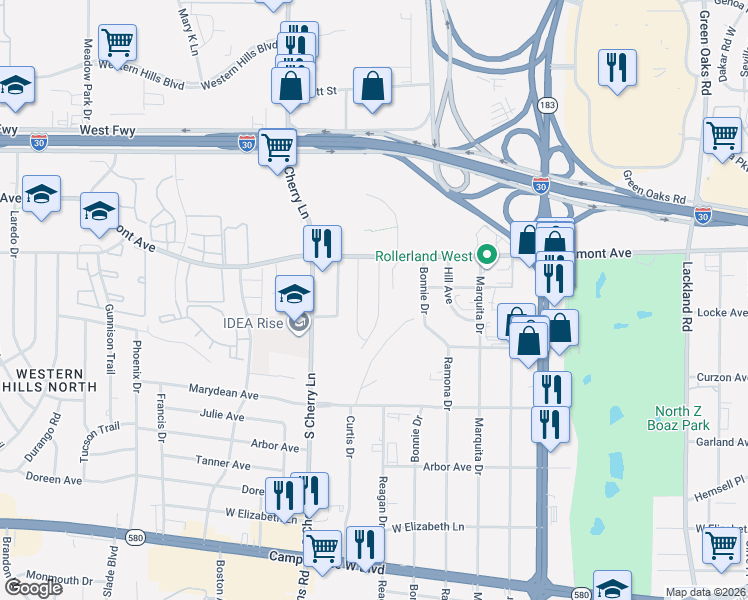 map of restaurants, bars, coffee shops, grocery stores, and more near 2817 Raton Drive in Fort Worth
