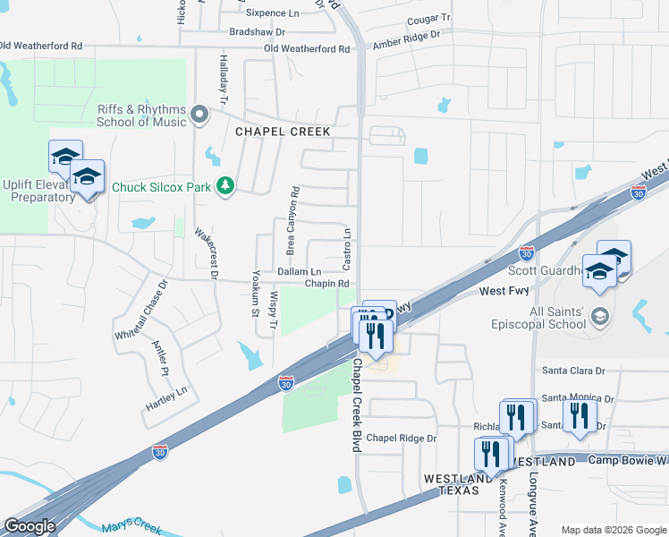 map of restaurants, bars, coffee shops, grocery stores, and more near 10200 Scurry Court in Fort Worth