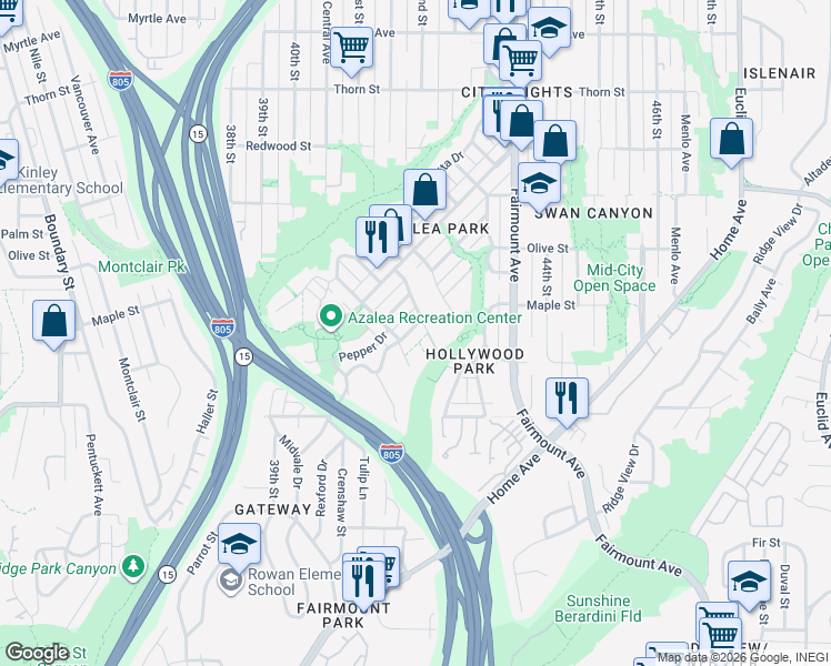 map of restaurants, bars, coffee shops, grocery stores, and more near 4183 Sycamore Drive in San Diego