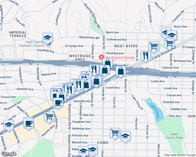map of restaurants, bars, coffee shops, grocery stores, and more near 2700 Horne Street in Fort Worth