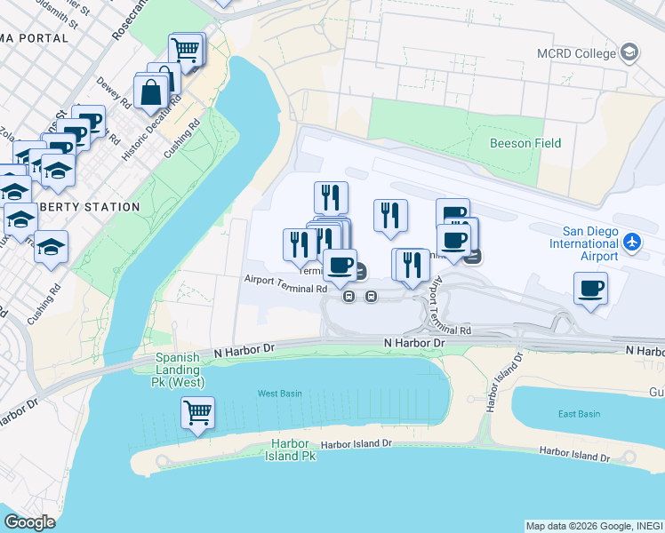 map of restaurants, bars, coffee shops, grocery stores, and more near 3835 North Harbor Drive in San Diego