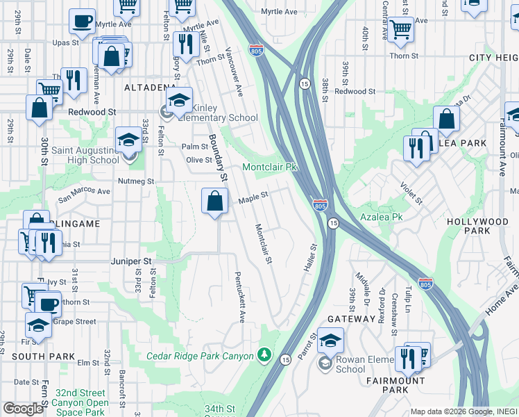 map of restaurants, bars, coffee shops, grocery stores, and more near in San Diego