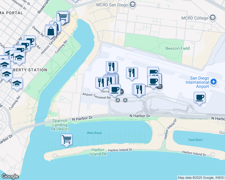 map of restaurants, bars, coffee shops, grocery stores, and more near 3835 North Harbor Drive in San Diego