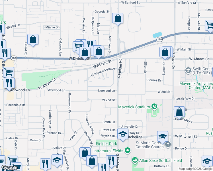 map of restaurants, bars, coffee shops, grocery stores, and more near 386 Westview Terrace in Arlington
