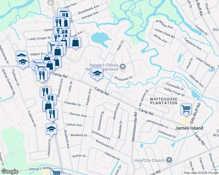 map of restaurants, bars, coffee shops, grocery stores, and more near 17 South Anderson Avenue in Charleston