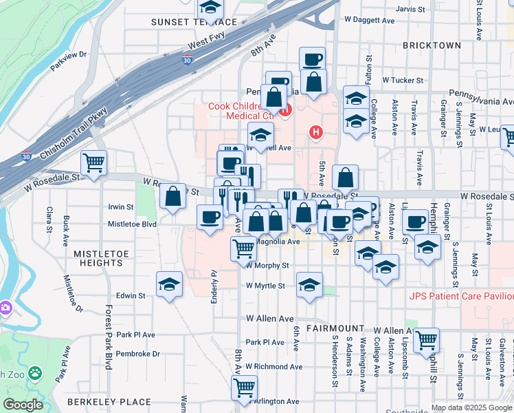 map of restaurants, bars, coffee shops, grocery stores, and more near 1525 West Rosedale Street in Fort Worth