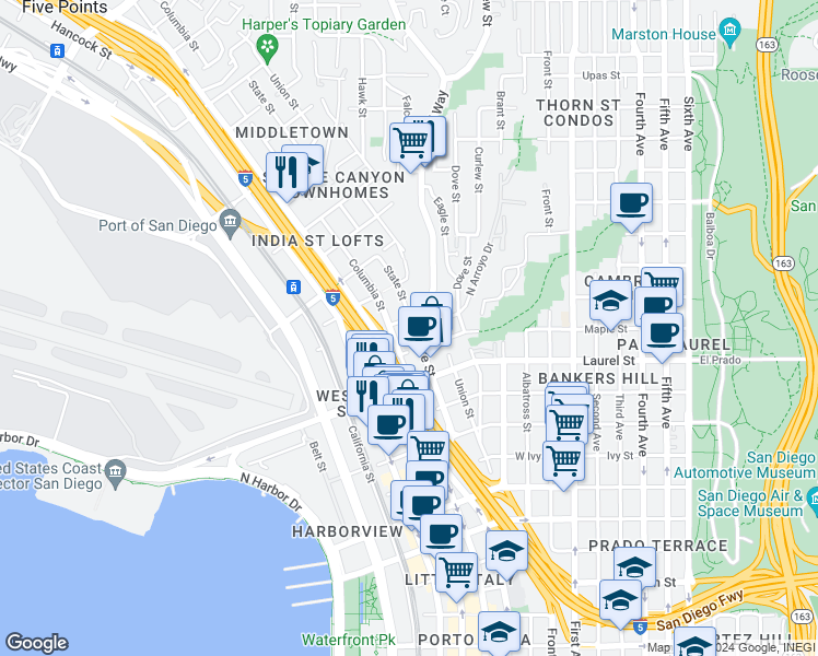 map of restaurants, bars, coffee shops, grocery stores, and more near 811 West Nutmeg Street in San Diego