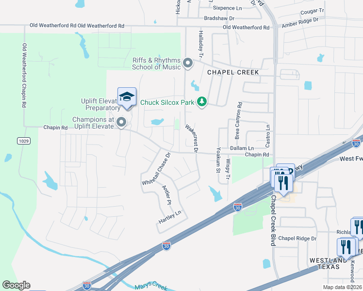 map of restaurants, bars, coffee shops, grocery stores, and more near 10545 Splitridge Court in Fort Worth