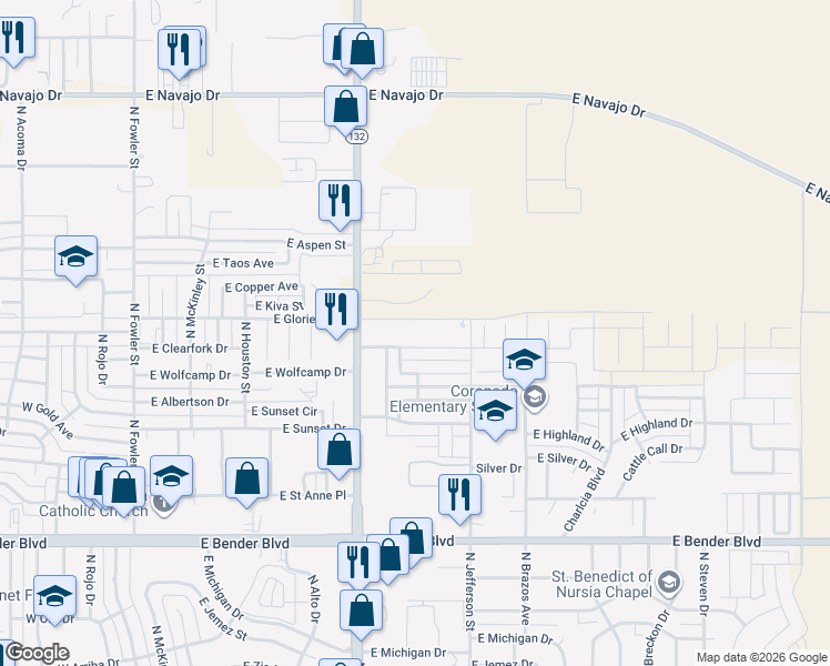 map of restaurants, bars, coffee shops, grocery stores, and more near 1023 East Glorietta Drive in Hobbs