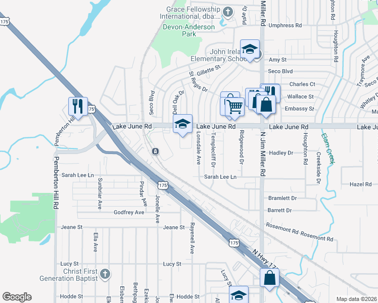 map of restaurants, bars, coffee shops, grocery stores, and more near 6610 Lake June Road in Dallas