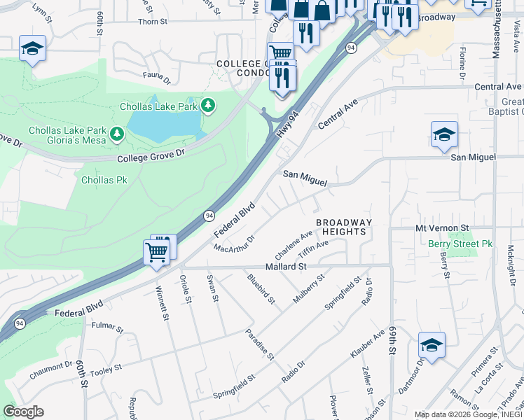 map of restaurants, bars, coffee shops, grocery stores, and more near 6576 Macarthur Drive in Lemon Grove
