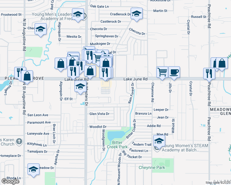 map of restaurants, bars, coffee shops, grocery stores, and more near 10500 Lake June Road in Dallas
