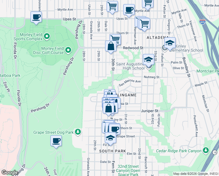 map of restaurants, bars, coffee shops, grocery stores, and more near 2974 Maple Court in San Diego