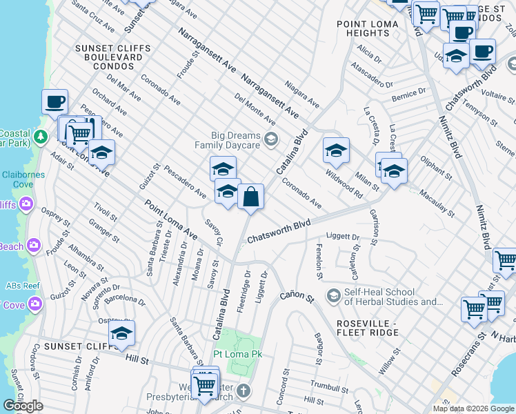 map of restaurants, bars, coffee shops, grocery stores, and more near 1591 Catalina Boulevard in San Diego