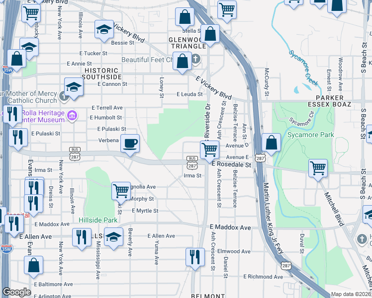 map of restaurants, bars, coffee shops, grocery stores, and more near 1401 Avenue D in Fort Worth