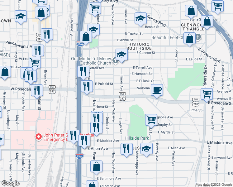 map of restaurants, bars, coffee shops, grocery stores, and more near 1007 Verbena Street in Fort Worth