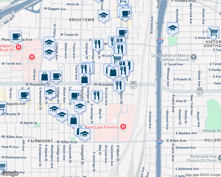 map of restaurants, bars, coffee shops, grocery stores, and more near 201 West Rosedale Street in Fort Worth
