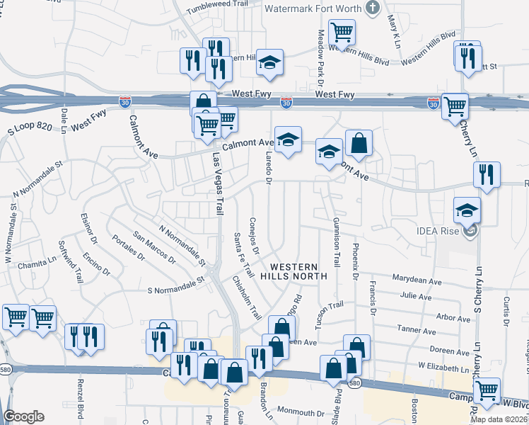 map of restaurants, bars, coffee shops, grocery stores, and more near 2917 Conejos Drive in Fort Worth