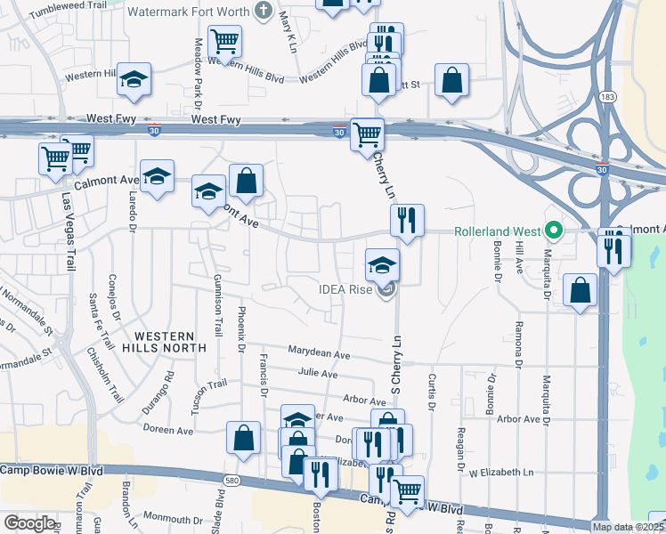 map of restaurants, bars, coffee shops, grocery stores, and more near 2809 Broadmoor Drive in Fort Worth