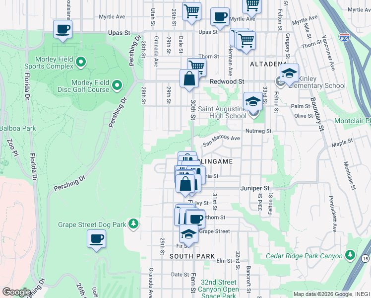 map of restaurants, bars, coffee shops, grocery stores, and more near 2974 Maple Court in San Diego