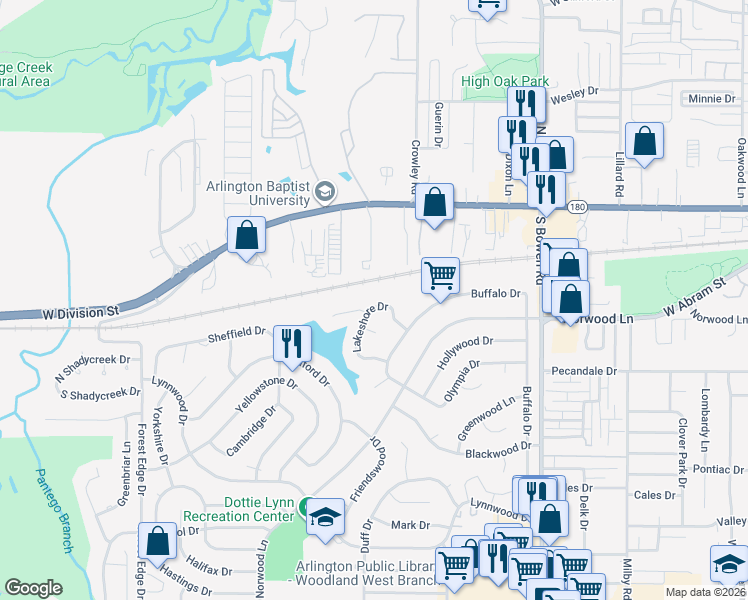 map of restaurants, bars, coffee shops, grocery stores, and more near 2815 Lakeshore Drive in Arlington